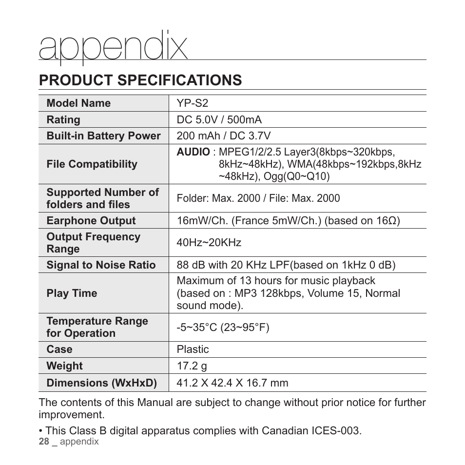 Appendix, Product specifications | Samsung YP-S2ZB-XAA User Manual | Page 28 / 31