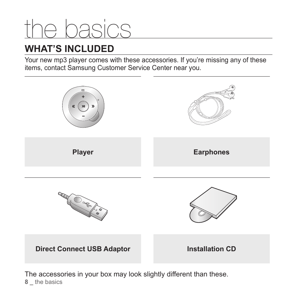The basics, What’s included | Samsung YP-S2ZB-XAA User Manual | Page 8 / 31