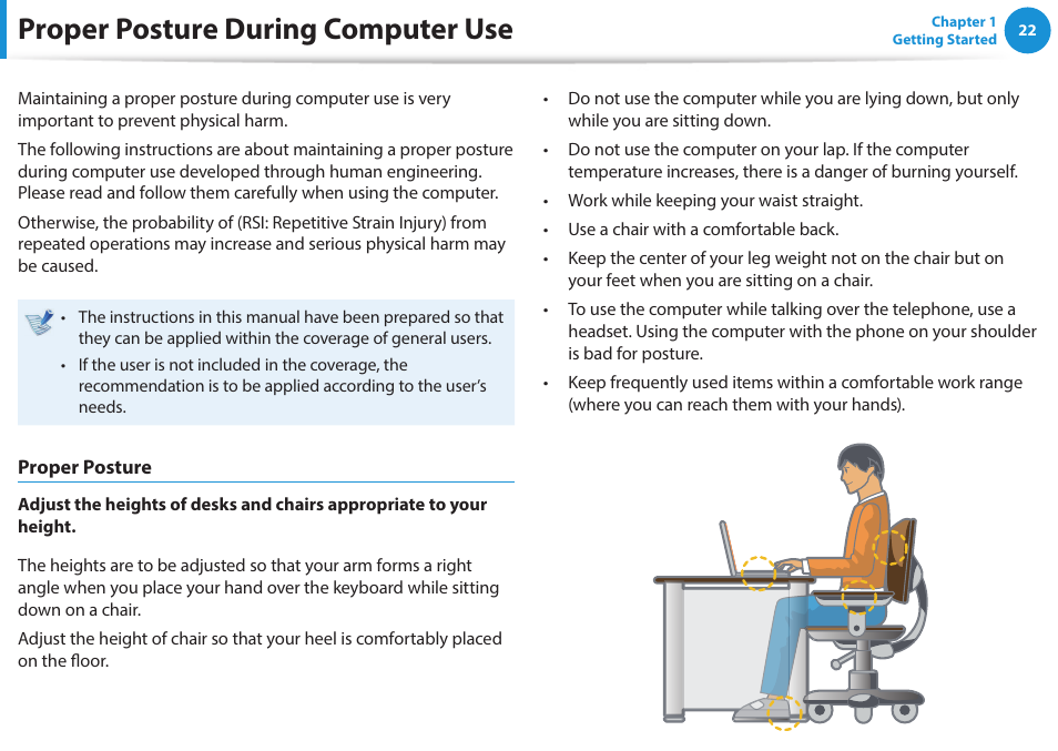 Proper posture during computer use | Samsung NP915S3G-K01US User Manual | Page 22 / 118