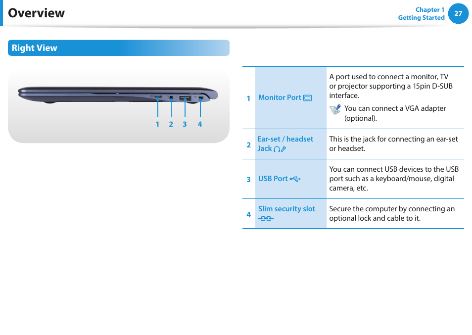Overview, Right view | Samsung NP915S3G-K01US User Manual | Page 27 / 118
