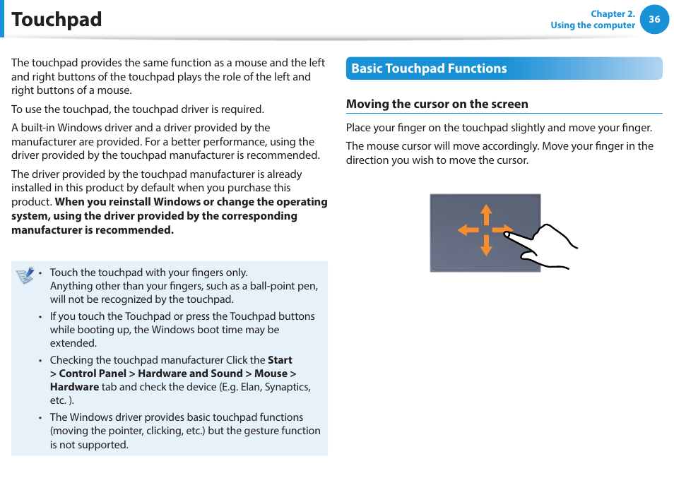 Touchpad | Samsung NP915S3G-K01US User Manual | Page 36 / 118
