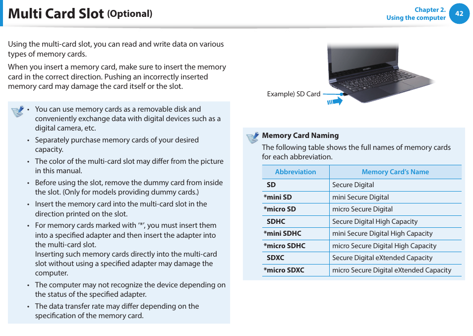 Multi card slot (optional), Multi card slot, Optional) | Samsung NP915S3G-K01US User Manual | Page 42 / 118