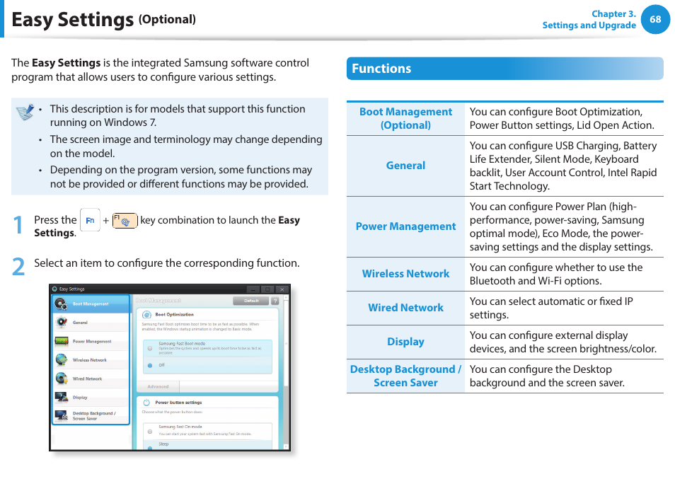 Easy settings (optional), Easy settings | Samsung NP915S3G-K01US User Manual | Page 68 / 118