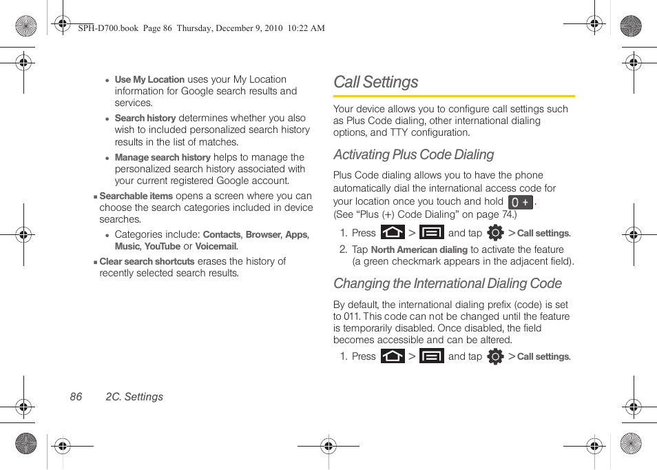 Call settings, Activating plus code dialing, Changing the international dialing code | Samsung OPH-D700ZKMSPR User Manual | Page 100 / 282