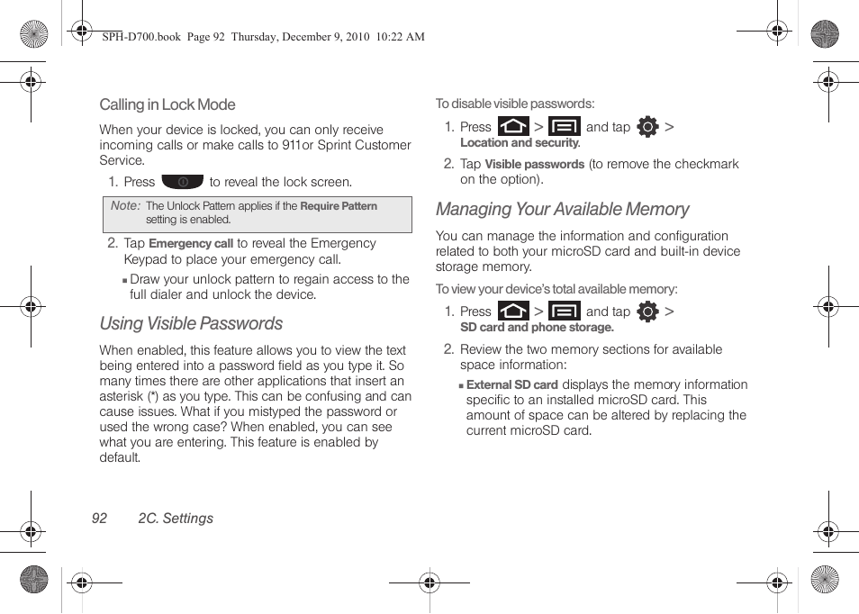 Using visible passwords, Managing your available memory | Samsung OPH-D700ZKMSPR User Manual | Page 106 / 282