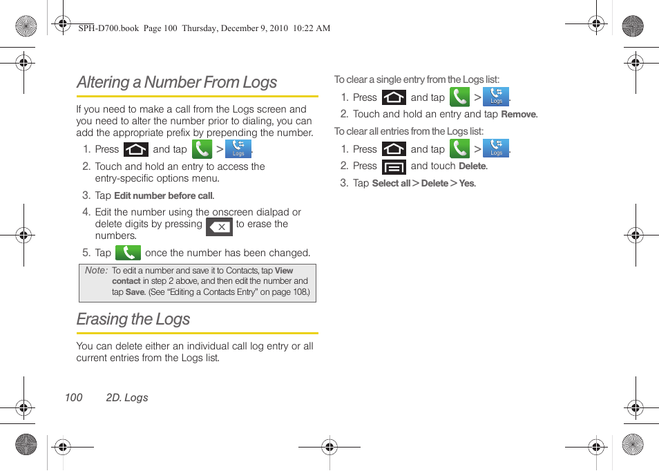 Altering a number from logs, Erasing the logs, Altering a number from logs erasing the logs | Dial. (see | Samsung OPH-D700ZKMSPR User Manual | Page 114 / 282