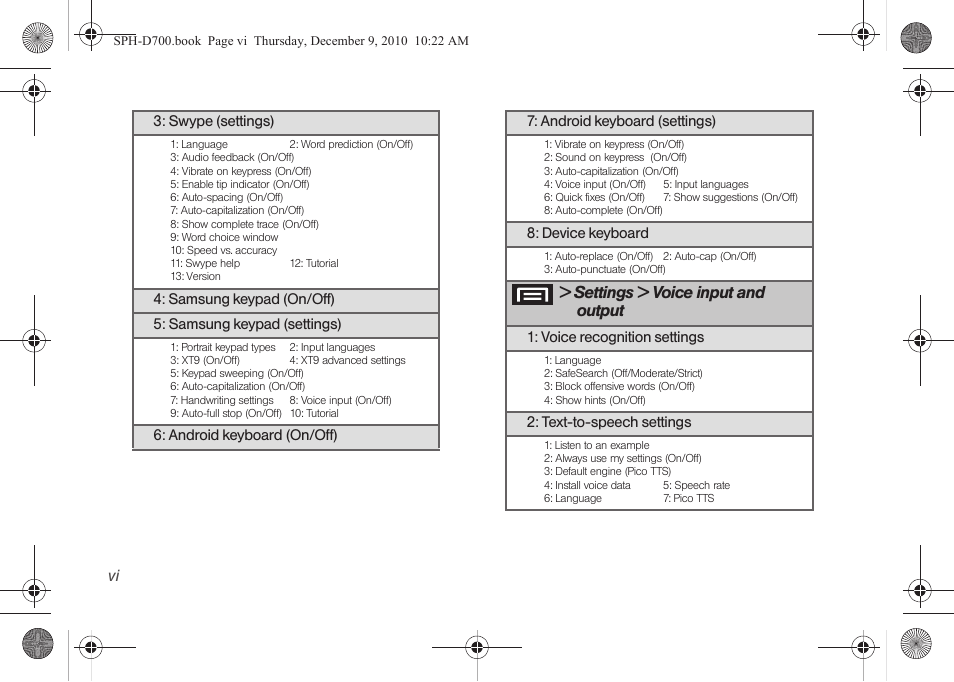 Settings > voice input and, Output | Samsung OPH-D700ZKMSPR User Manual | Page 12 / 282