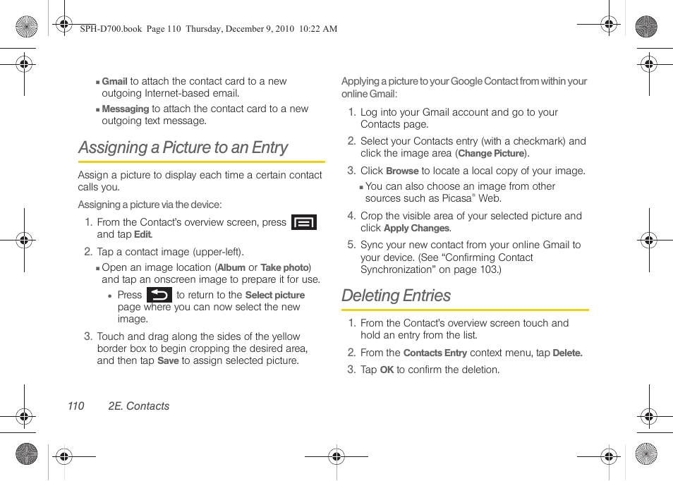 Assigning a picture to an entry, Deleting entries, Assigning a picture to an entry deleting entries | Deleting entries” on | Samsung OPH-D700ZKMSPR User Manual | Page 124 / 282