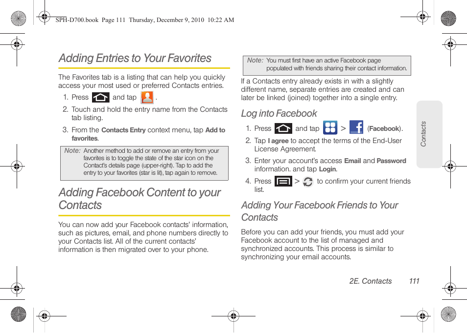 Adding entries to your favorites, Adding facebook content to your contacts, Log into facebook | Adding your facebook friends to your contacts, Ntacts. (see “adding | Samsung OPH-D700ZKMSPR User Manual | Page 125 / 282