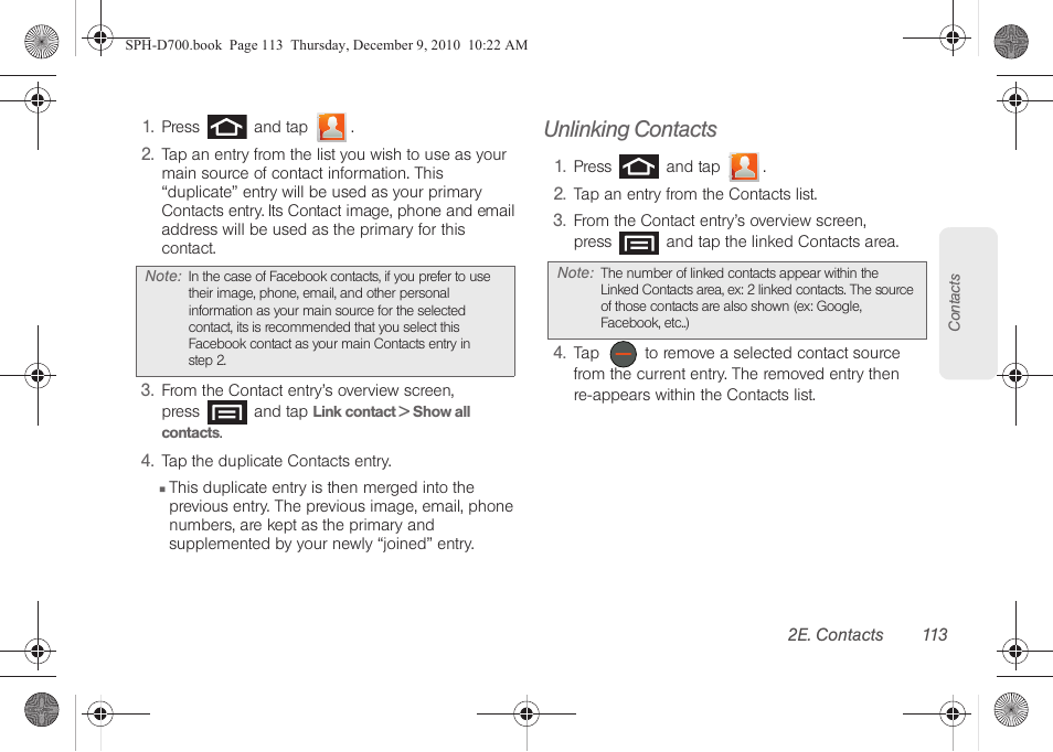 Unlinking contacts | Samsung OPH-D700ZKMSPR User Manual | Page 127 / 282