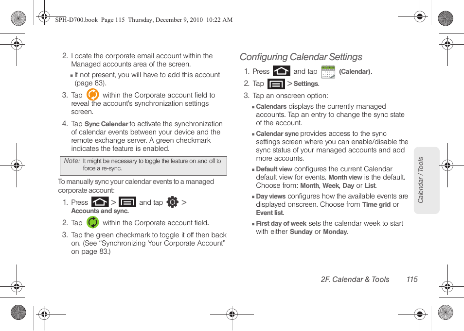 Configuring calendar settings | Samsung OPH-D700ZKMSPR User Manual | Page 129 / 282