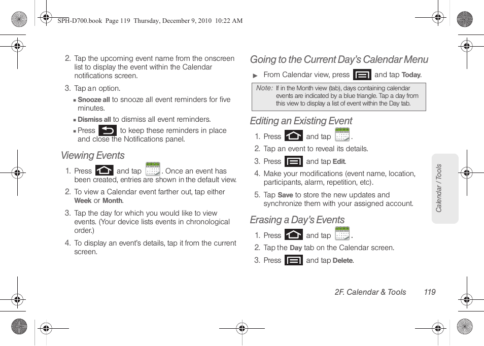 Viewing events, Going to the current day’s calendar menu, Editing an existing event | Erasing a day’s events | Samsung OPH-D700ZKMSPR User Manual | Page 133 / 282