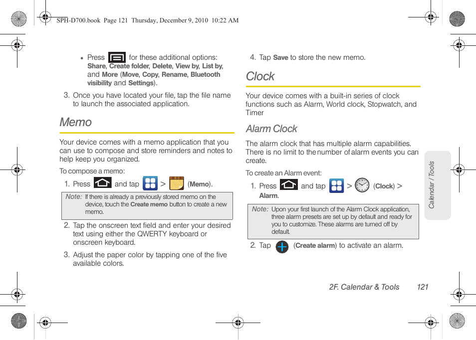 Memo, Clock, Alarm clock | Memo clock | Samsung OPH-D700ZKMSPR User Manual | Page 135 / 282