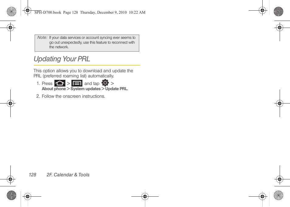 Updating your prl | Samsung OPH-D700ZKMSPR User Manual | Page 142 / 282