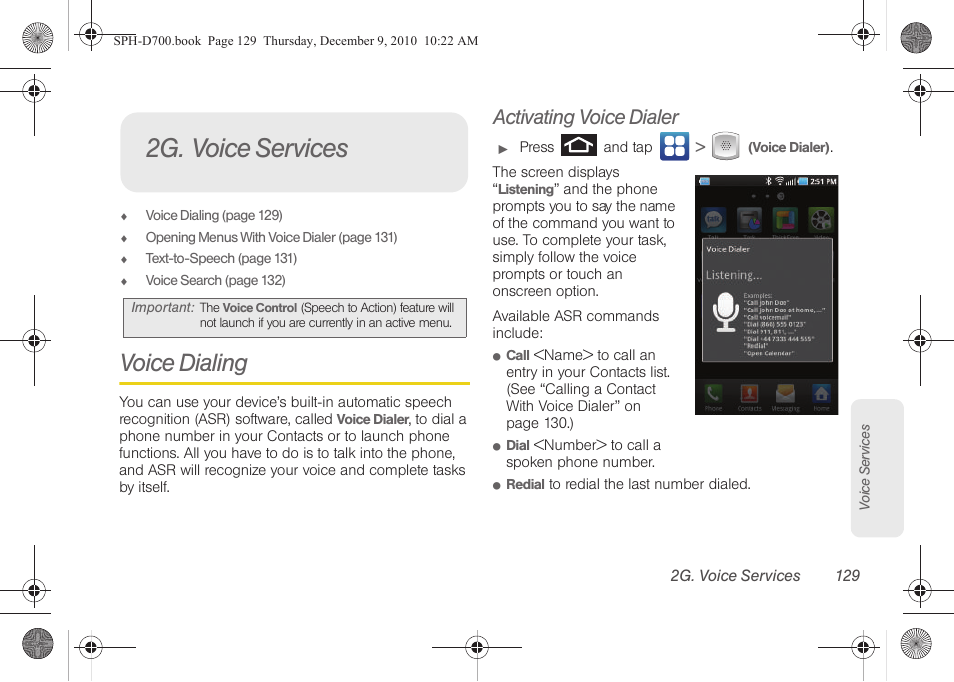 2g. voice services, Voice dialing, Activating voice dialer | Samsung OPH-D700ZKMSPR User Manual | Page 143 / 282