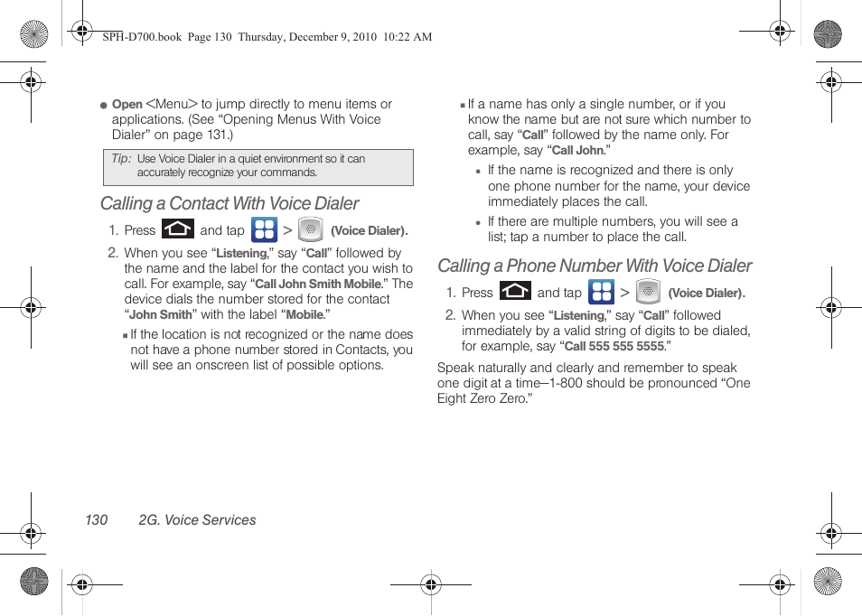 Calling a contact with voice dialer, Calling a phone number with voice dialer, See “calling a contact | With voice dialer” on | Samsung OPH-D700ZKMSPR User Manual | Page 144 / 282