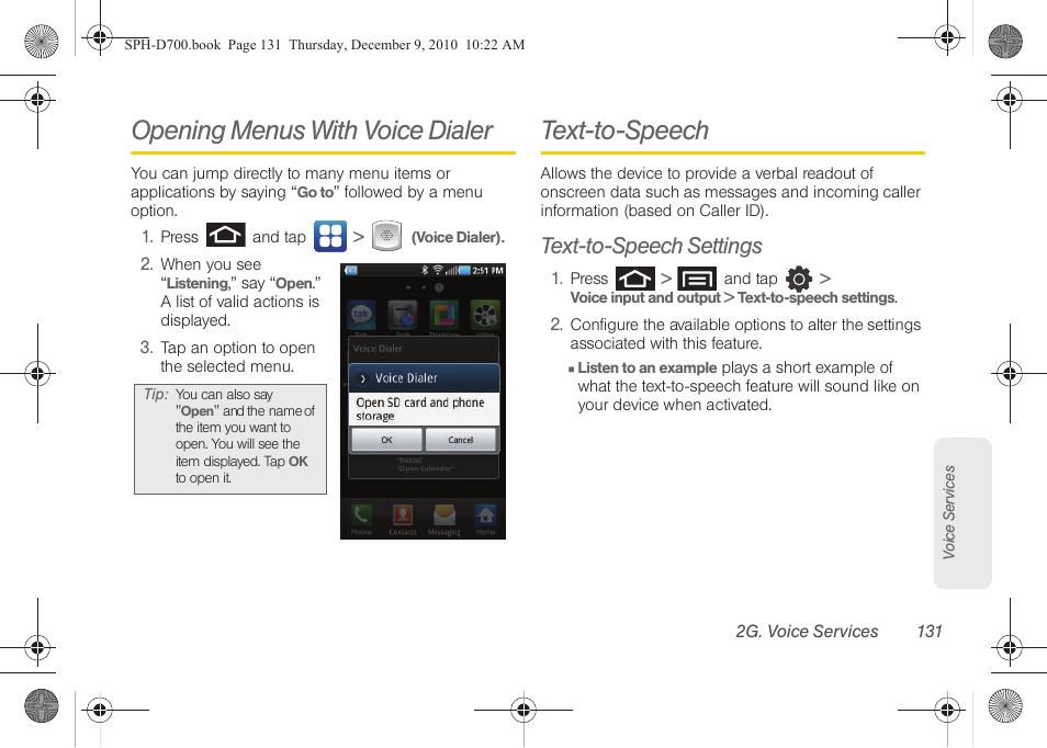 Opening menus with voice dialer, Text-to-speech, Text-to-speech settings | Opening menus with voice dialer text-to-speech | Samsung OPH-D700ZKMSPR User Manual | Page 145 / 282