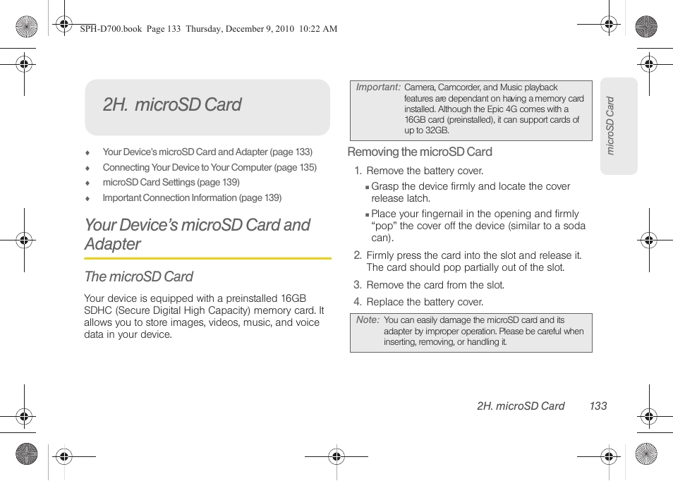 2h. microsd card, Your device’s microsd card and adapter, The microsd card | See “removing the | Samsung OPH-D700ZKMSPR User Manual | Page 147 / 282