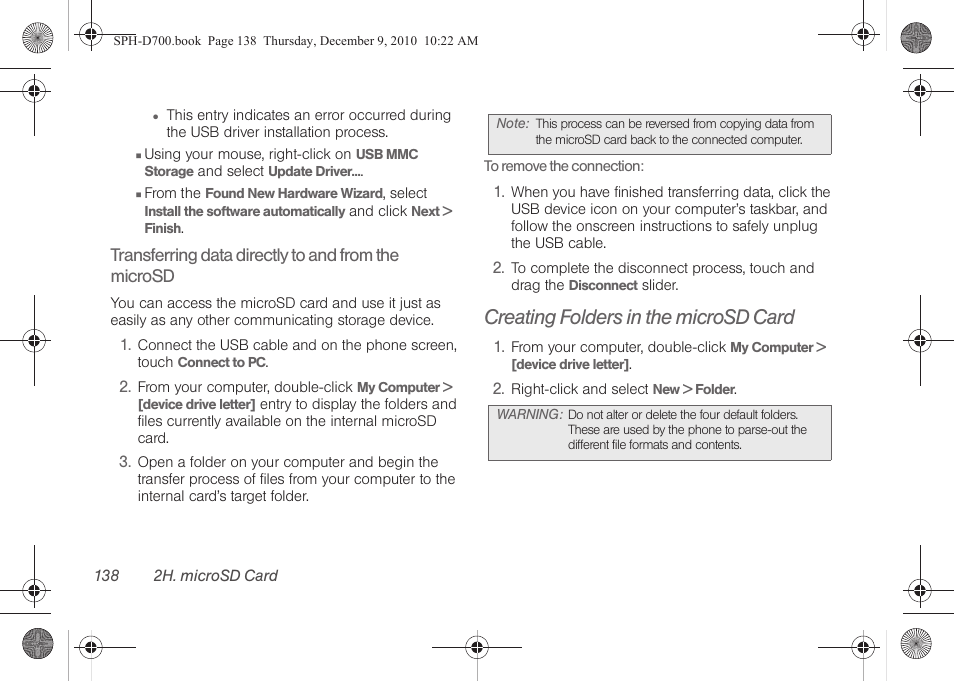 Creating folders in the microsd card | Samsung OPH-D700ZKMSPR User Manual | Page 152 / 282