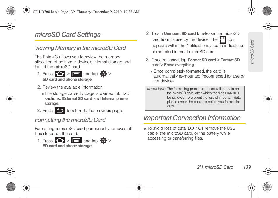 Microsd card settings, Viewing memory in the microsd card, Formatting the microsd card | Important connection information | Samsung OPH-D700ZKMSPR User Manual | Page 153 / 282
