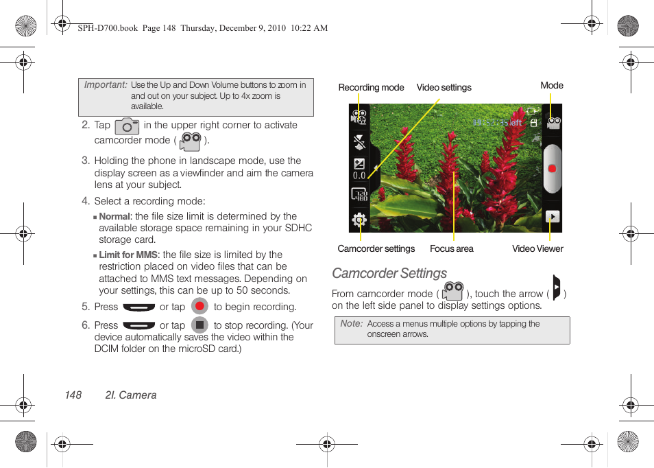 Camcorder settings | Samsung OPH-D700ZKMSPR User Manual | Page 162 / 282
