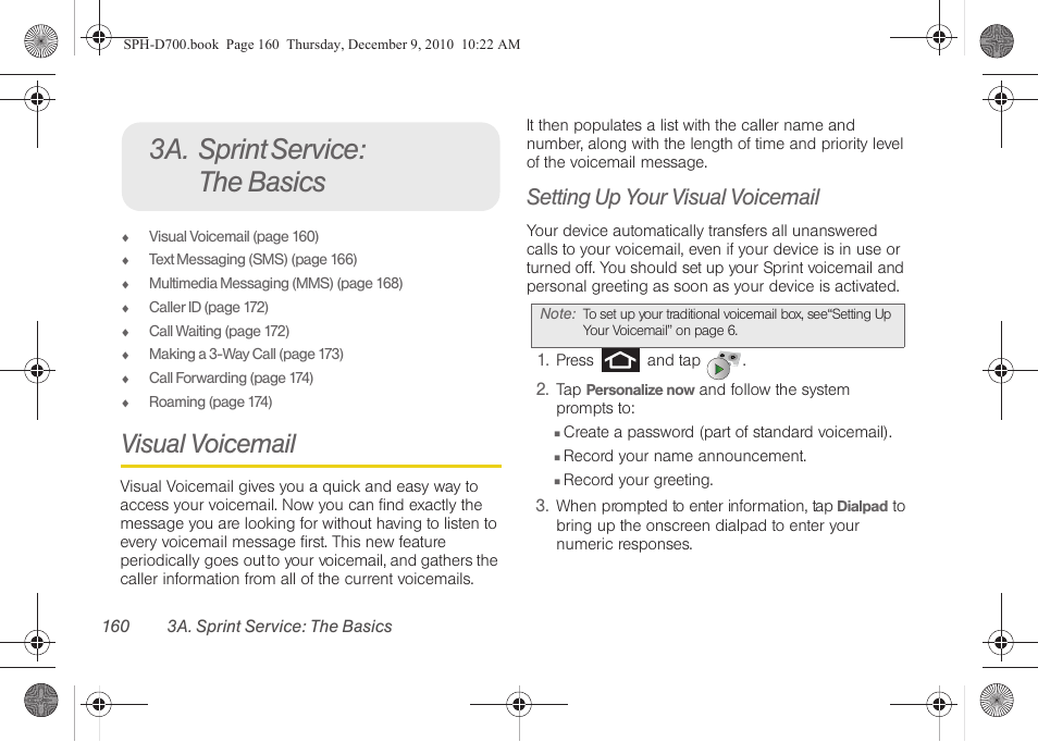 3a. sprint service: the basics, Visual voicemail, Setting up your visual voicemail | Samsung OPH-D700ZKMSPR User Manual | Page 174 / 282