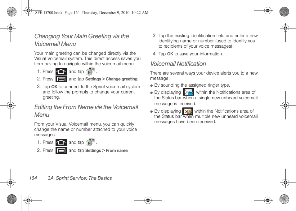 Changing your main greeting via the voicemail menu, Editing the from name via the voicemail menu, Voicemail notification | Samsung OPH-D700ZKMSPR User Manual | Page 178 / 282