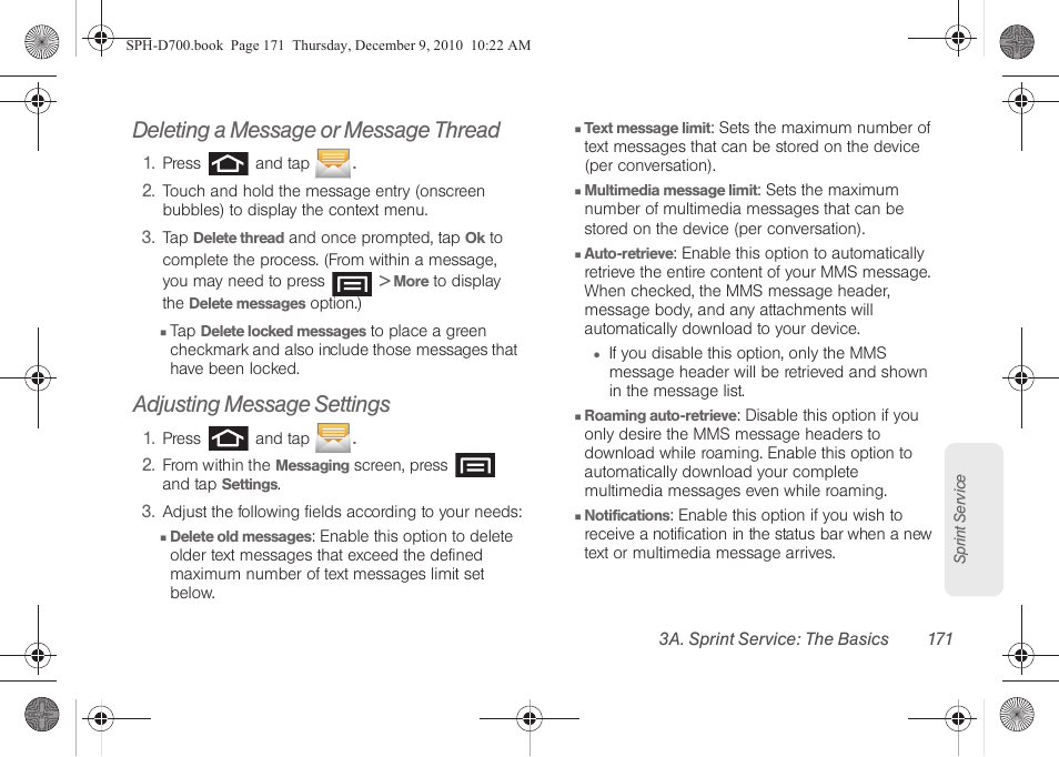 Deleting a message or message thread, Adjusting message settings | Samsung OPH-D700ZKMSPR User Manual | Page 185 / 282
