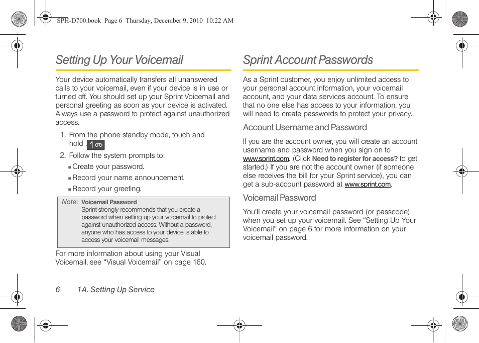 Setting up your voicemail, Sprint account passwords, Setting up your voicemail sprint account passwords | Samsung OPH-D700ZKMSPR User Manual | Page 20 / 282