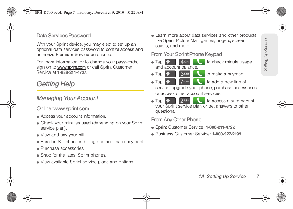 Getting help, Managing your account | Samsung OPH-D700ZKMSPR User Manual | Page 21 / 282