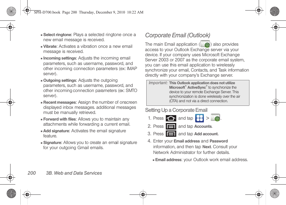 Corporate email (outlook), Ee “corporate email, See “corporate email | Samsung OPH-D700ZKMSPR User Manual | Page 214 / 282