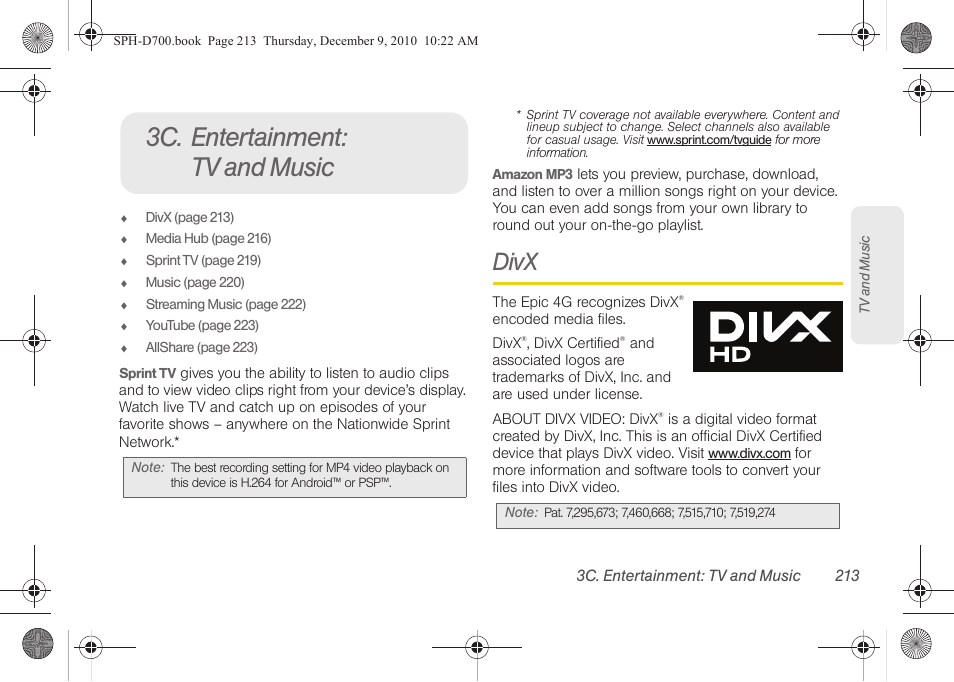 3c. entertainment: tv and music, Divx | Samsung OPH-D700ZKMSPR User Manual | Page 227 / 282