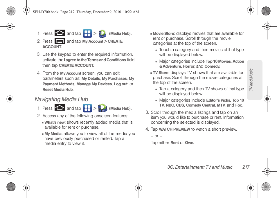 Navigating media hub | Samsung OPH-D700ZKMSPR User Manual | Page 231 / 282