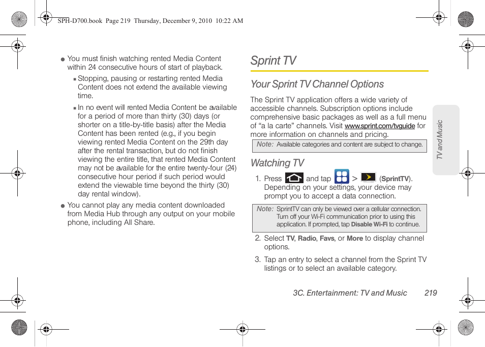 Sprint tv, Your sprint tv channel options, Watching tv | Samsung OPH-D700ZKMSPR User Manual | Page 233 / 282