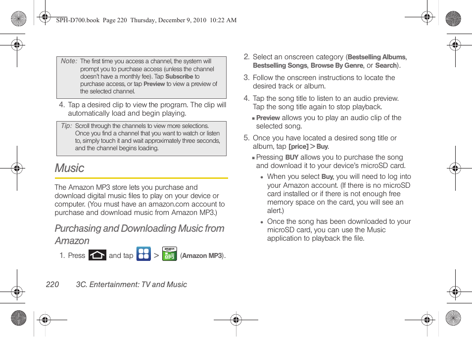 Music, Purchasing and downloading music from amazon | Samsung OPH-D700ZKMSPR User Manual | Page 234 / 282