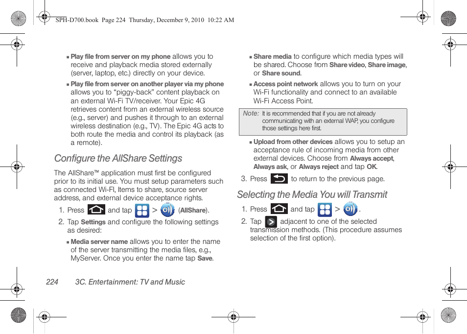 Configure the allshare settings, Selecting the media you will transmit | Samsung OPH-D700ZKMSPR User Manual | Page 238 / 282