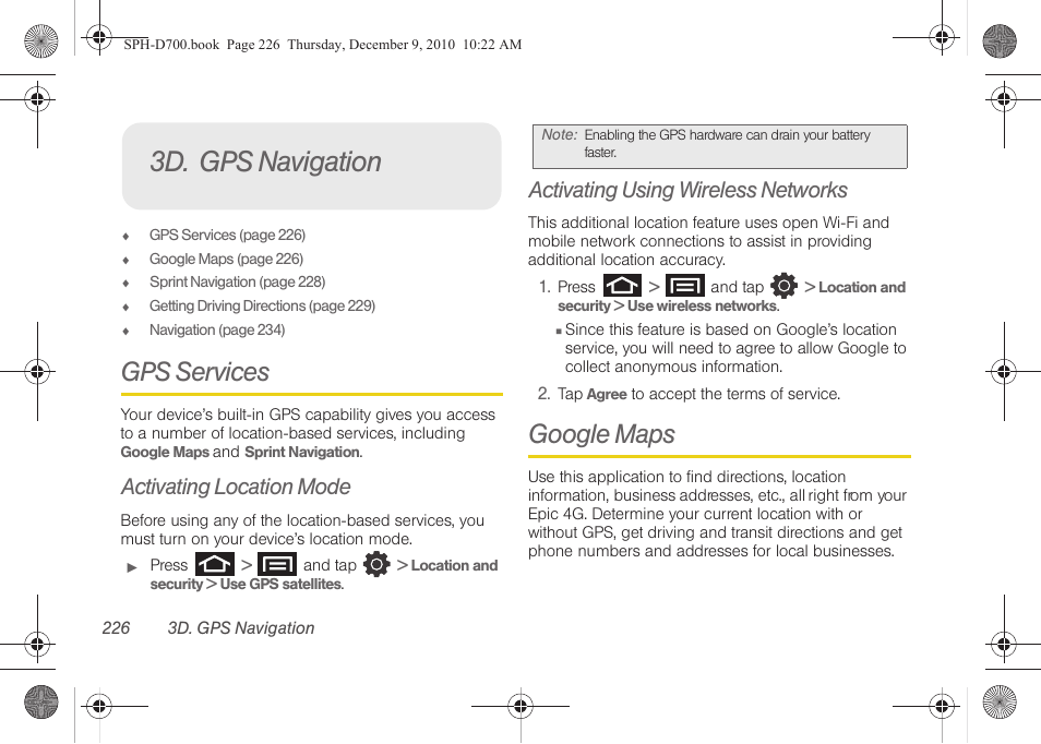 3d. gps navigation, Gps services, Activating location mode | Activating using wireless networks, Google maps, Gps services google maps, See “activating location | Samsung OPH-D700ZKMSPR User Manual | Page 240 / 282