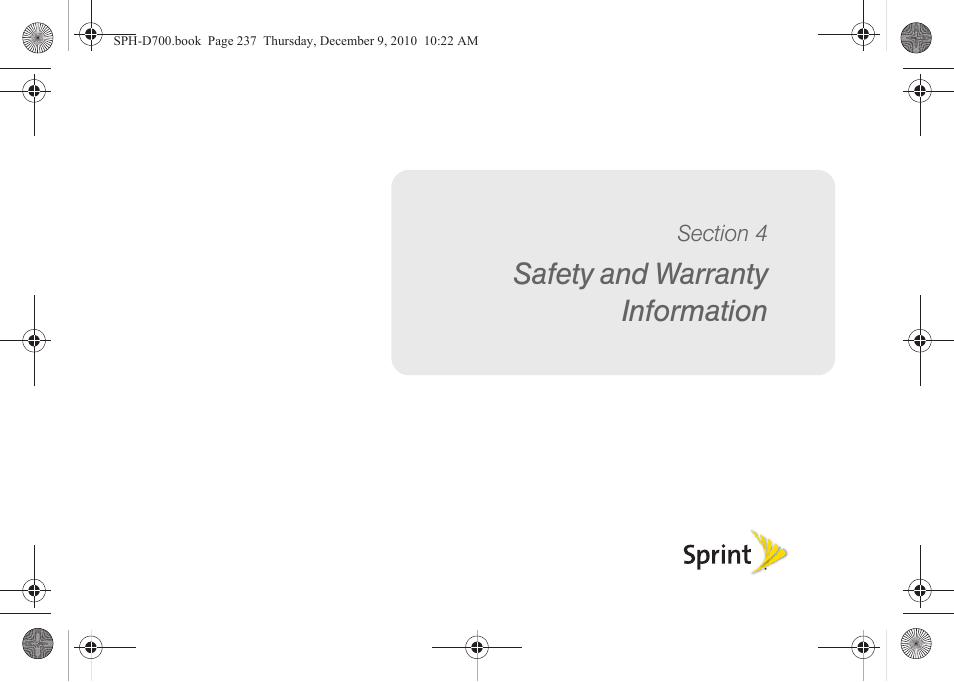 Safety and warranty information, Section 4: safety and warranty information | Samsung OPH-D700ZKMSPR User Manual | Page 251 / 282