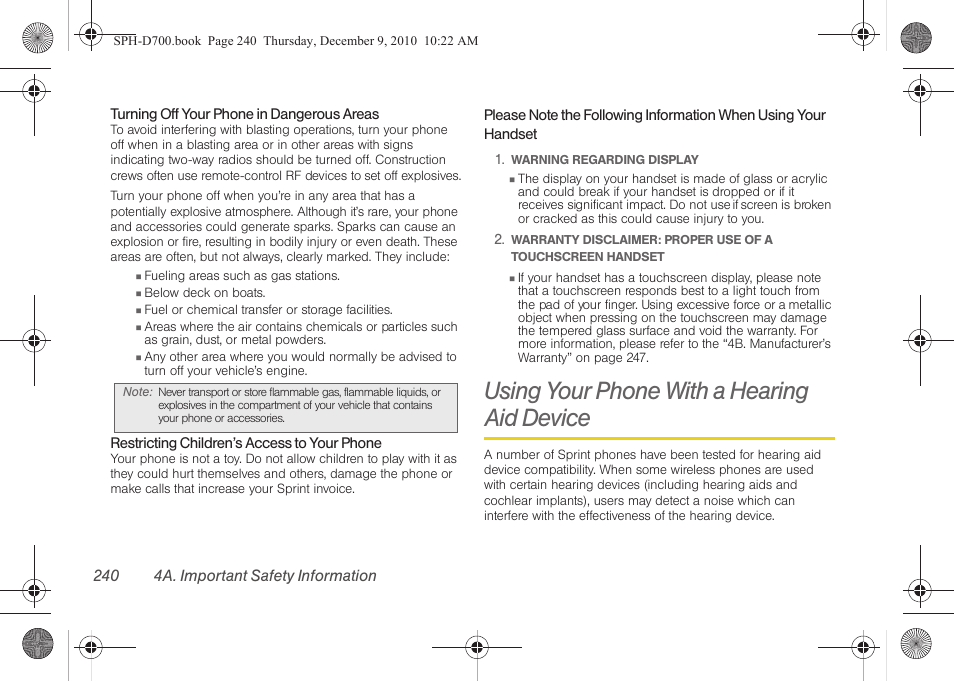 Using your phone with a hearing aid device, Using your phone with a | Samsung OPH-D700ZKMSPR User Manual | Page 254 / 282