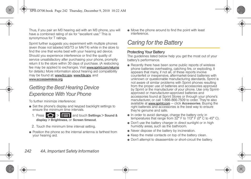 Caring for the battery | Samsung OPH-D700ZKMSPR User Manual | Page 256 / 282