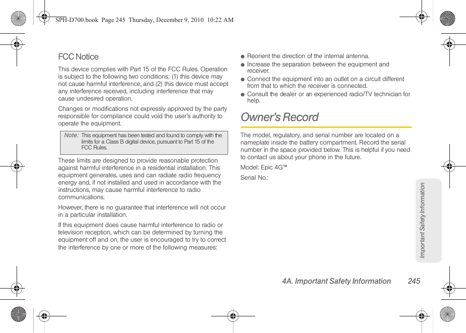 Owner’s record, Fcc notice | Samsung OPH-D700ZKMSPR User Manual | Page 259 / 282