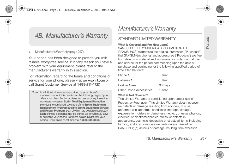 4b. manufacturer’s warranty, Manufacturer’s warranty, Standard limited warranty | Samsung OPH-D700ZKMSPR User Manual | Page 261 / 282