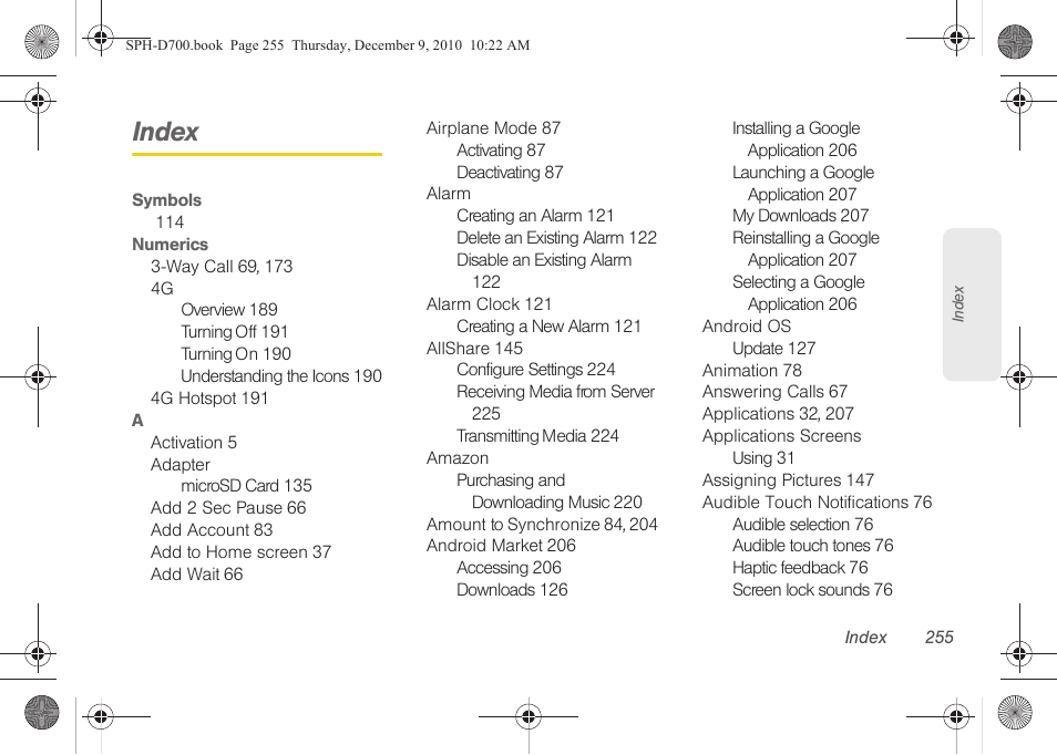 Index | Samsung OPH-D700ZKMSPR User Manual | Page 269 / 282