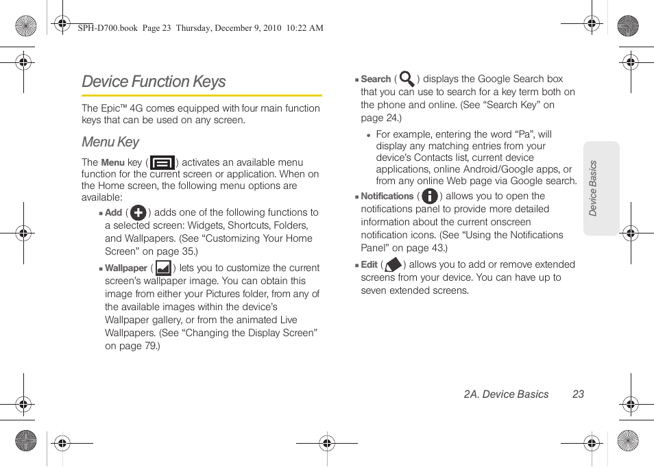 Device function keys, Menu key | Samsung OPH-D700ZKMSPR User Manual | Page 37 / 282