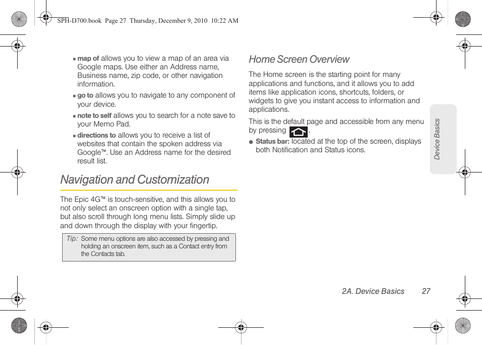 Navigation and customization, Home screen overview | Samsung OPH-D700ZKMSPR User Manual | Page 41 / 282