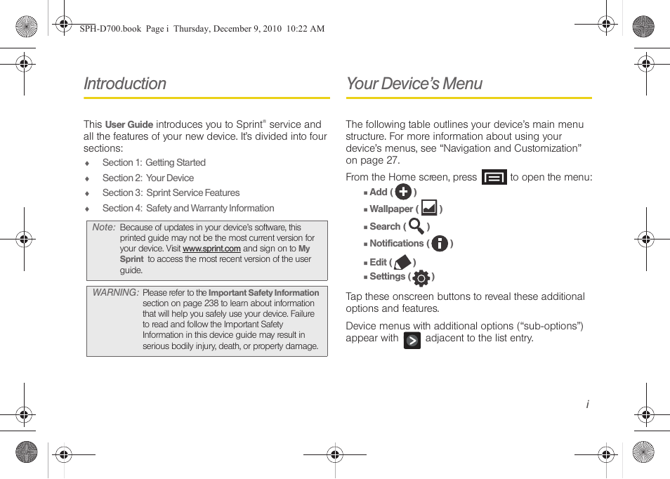 Introduction, Your device’s menu | Samsung OPH-D700ZKMSPR User Manual | Page 7 / 282