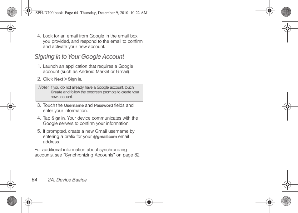 Signing in to your google account | Samsung OPH-D700ZKMSPR User Manual | Page 78 / 282
