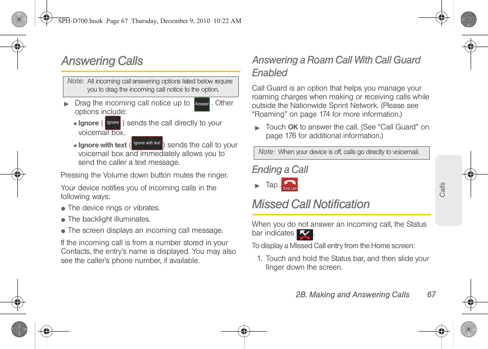 Answering calls, Answering a roam call with call guard enabled, Ending a call | Missed call notification, Answering calls missed call notification | Samsung OPH-D700ZKMSPR User Manual | Page 81 / 282