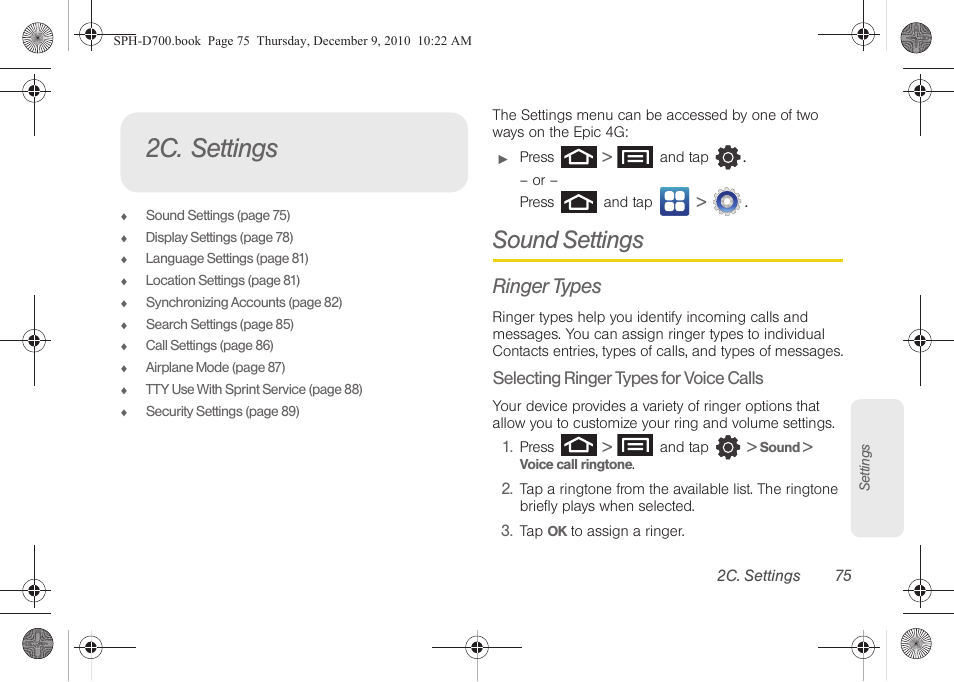 2c. settings, Sound settings, Ringer types | Samsung OPH-D700ZKMSPR User Manual | Page 89 / 282