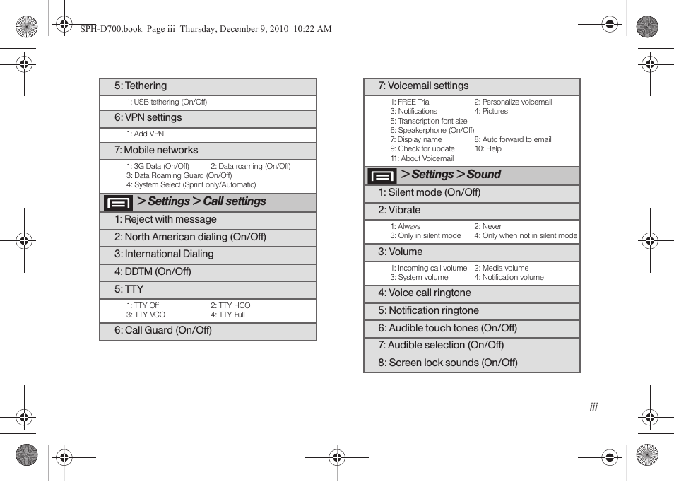 Settings > call settings, Settings > sound | Samsung OPH-D700ZKMSPR User Manual | Page 9 / 282